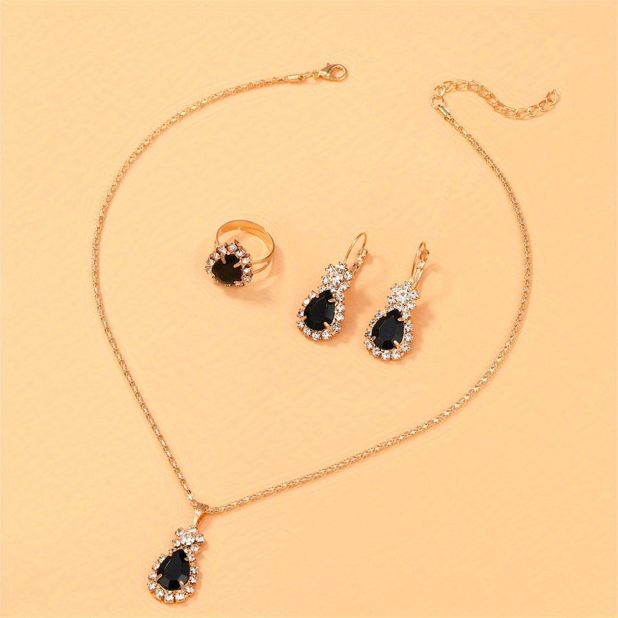 Elegant Water Drop Jewelry Set - Pendant Necklace, Drop Hook Earrings, and Ring with Sparkling Cubic Zirconia Stones - Perfect Wedding Accessories and Gift