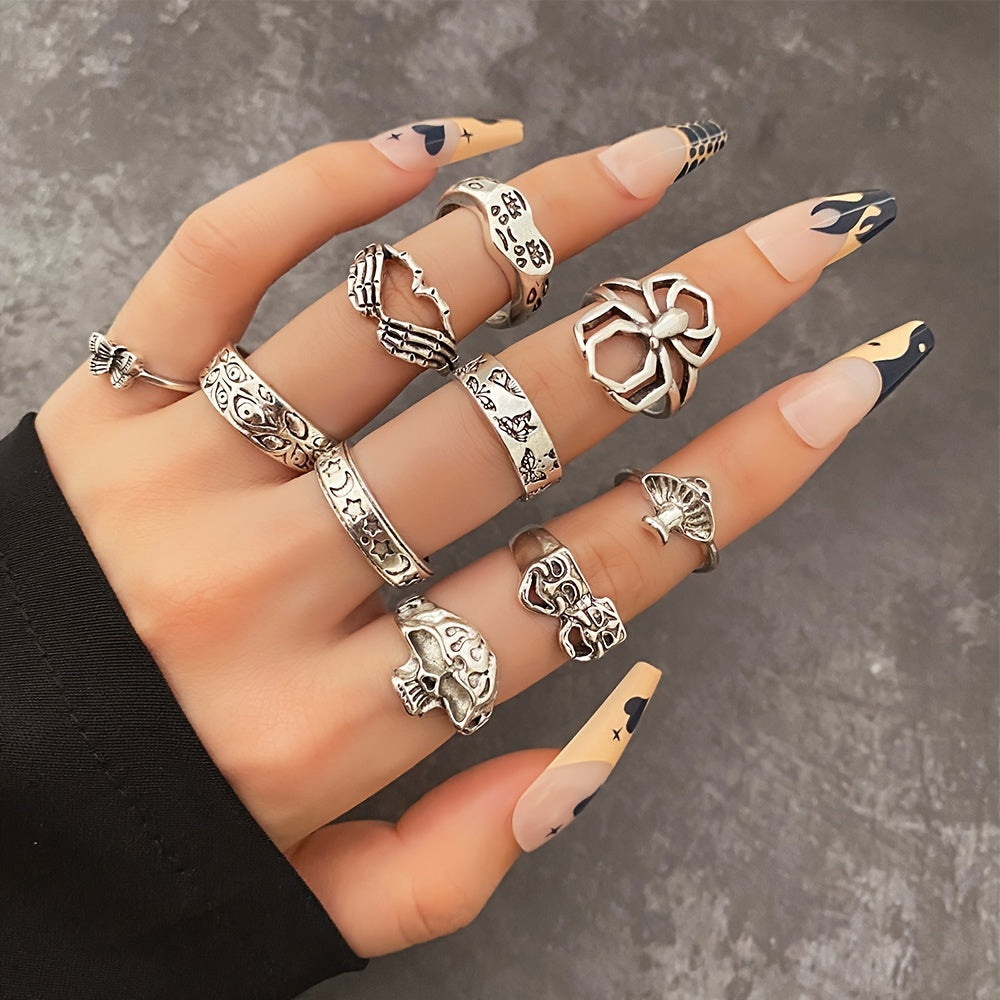 Make a Statement with our Vintage Silver Color Spider Butterfly Skull Ring Set - 10pcs for Women and Girls