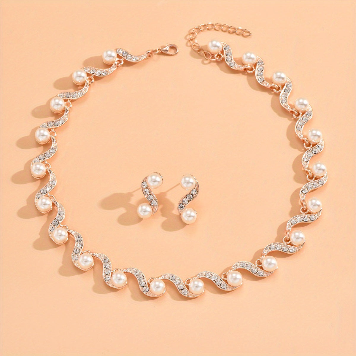 Elegant Faux Pearl Bridal Jewelry Set - Wave Choker Necklace and Drop Earrings for Prom and Parties