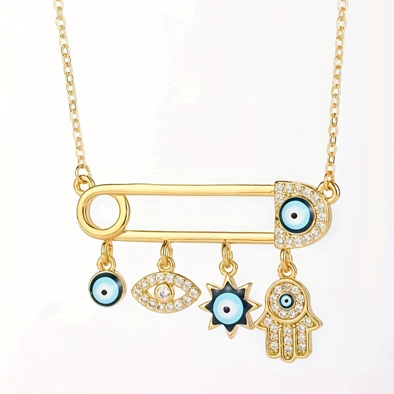 18K Gold Plated Evil's Eye Rhinestone Hamsa Hand & Safety Pin Charm Lucky Choker, Mexican Neck Jewelry For Women Girls