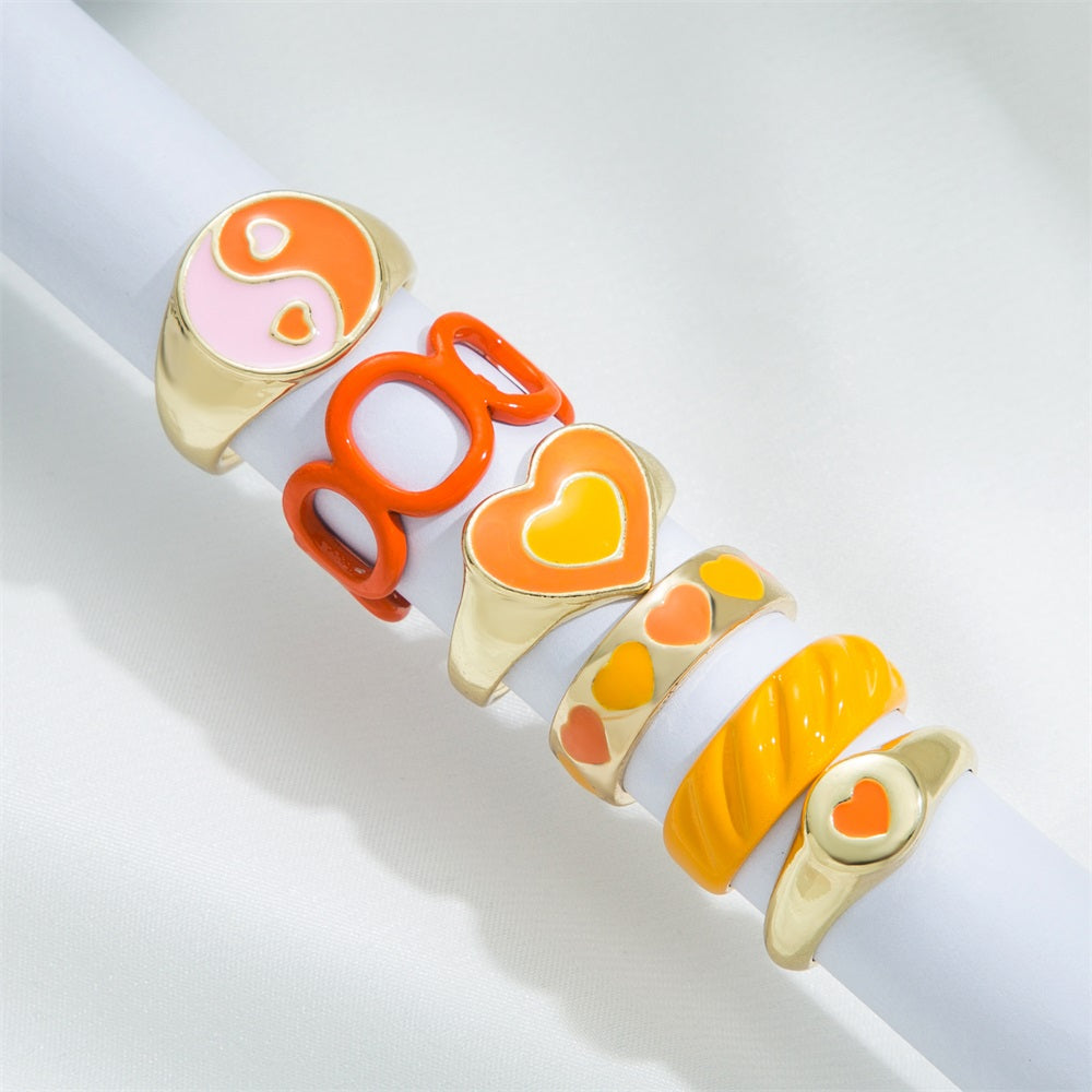 6pcs Cute Ring Set Bright Orange Color Sweet Heart Shape Oil Dripping Craft Adjustable Ring Mix And Match For Summer Vacation Outfits Party Accessories