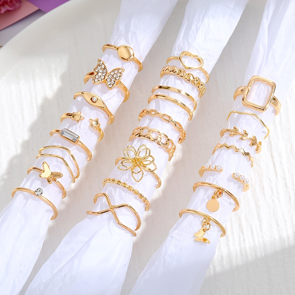 Add Some Personality to Your Everyday Look with this Exaggerated 23pcs Golden and Silver Flower Butterfly Rhinestone Faux Pearl Joint Ring Set