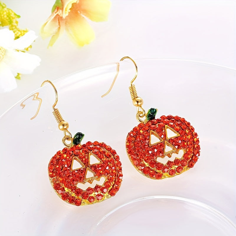 Halloween Pumpkin Design With Orange Shiny Rhinestone Decor Dangle Earrings Retro Simple Style Zinc Alloy Jewelry Female Gift