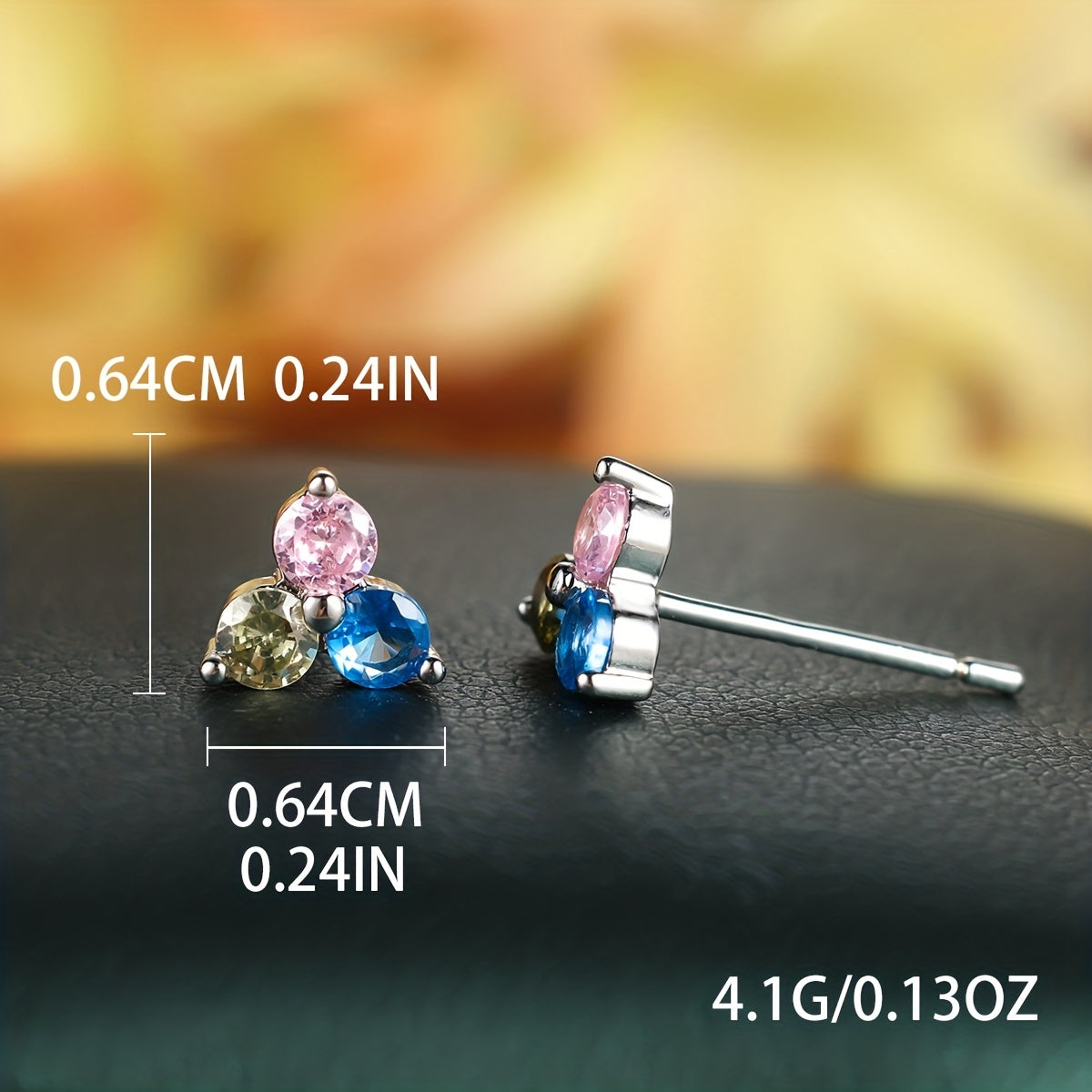 3 Colorful Shiny Zircon Decor Stud Earrings Bohemian Cute Style Copper Jewelry Daily Wear Accessories Female Gift