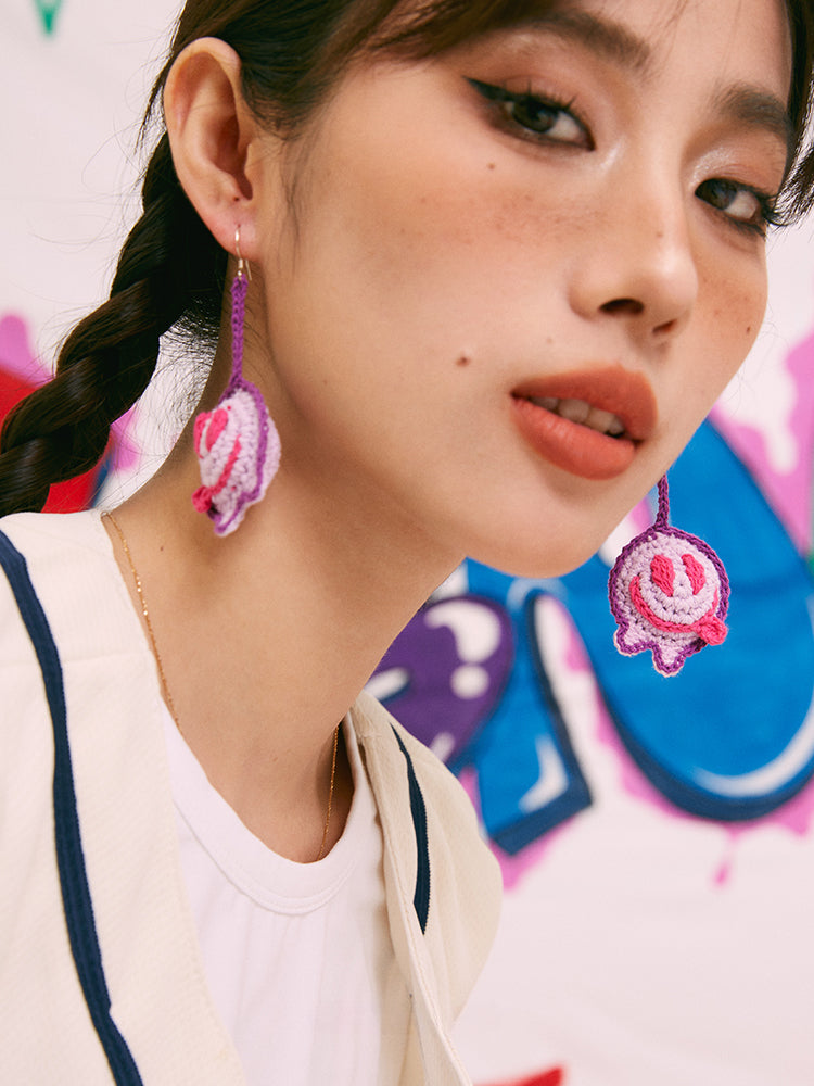 LB Hand Crochet "Funny Smiling Face" Earrings Long Ear Clip LOJL100