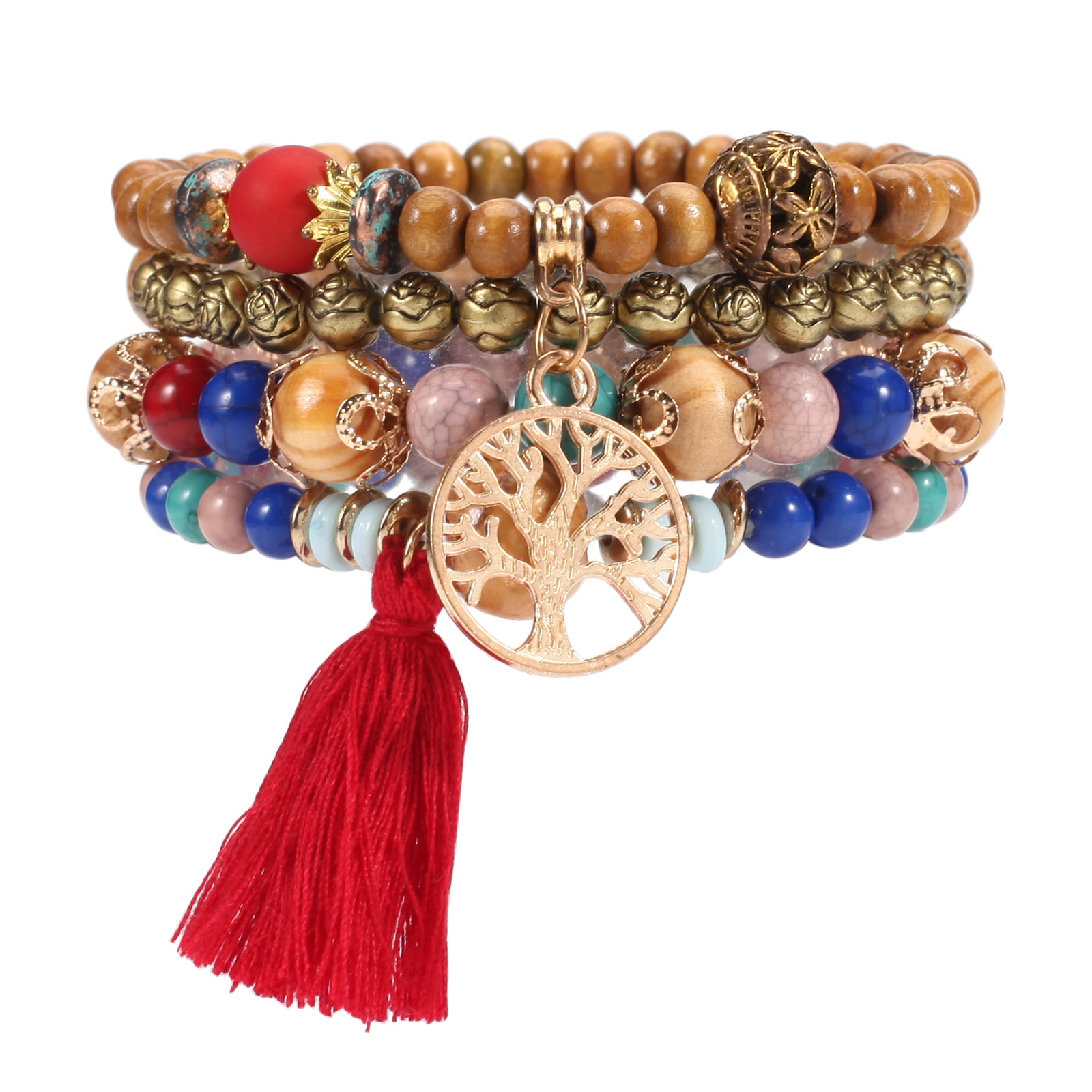 Bohemian Multilayer Beaded Bracelet with Tassel and Tree of Life Pendant - Stackable and Stretchable in Colorful Layers