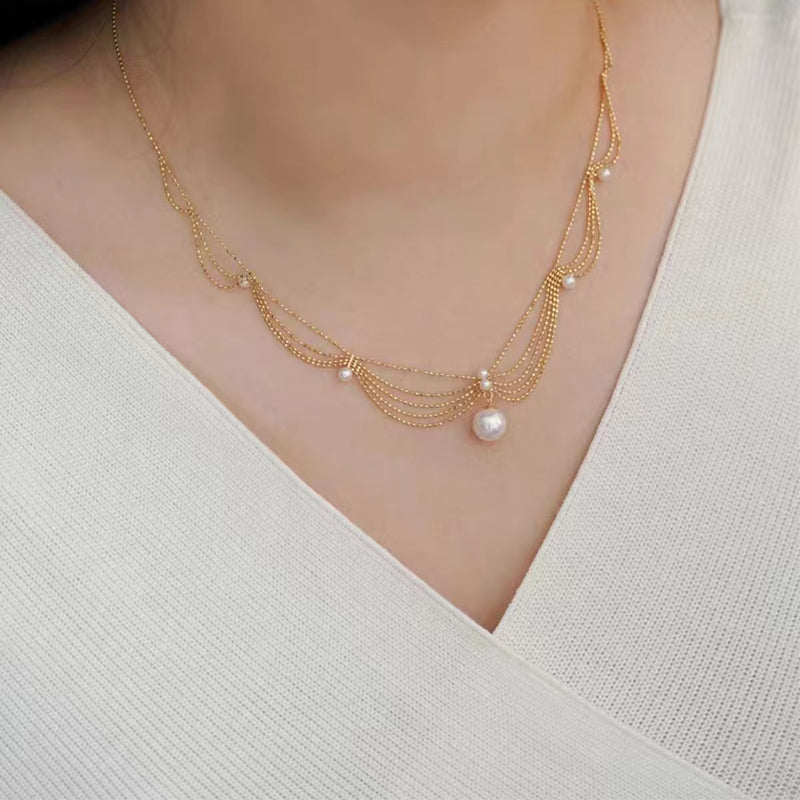 22K Golden Plated Wave Lace Freshwater Pearl Necklace LJ2