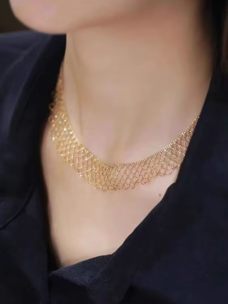 18K Gold-plated Flash Mesh Lace Necklace with Pearl Pandent LJ4