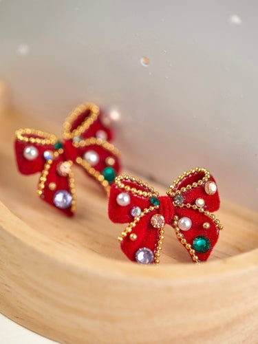 Christmas Red Flocked Bow Christmas Tree Earrings Earrings LJC31