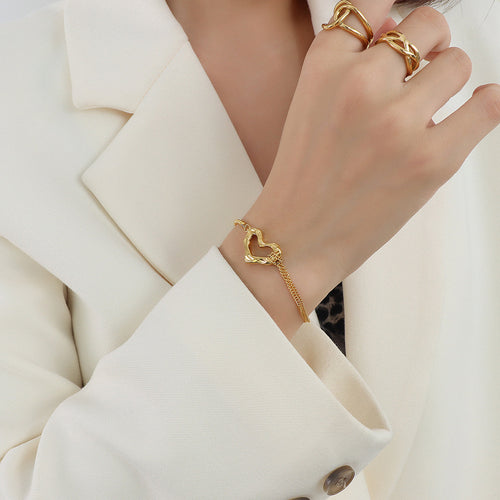 Double layer heart shape personality titanium steel 18K gold plated
