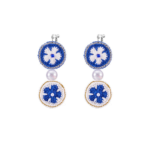 LB Hand Crochet "Piece Flower" Earrings Long Ear Clip LOJL101