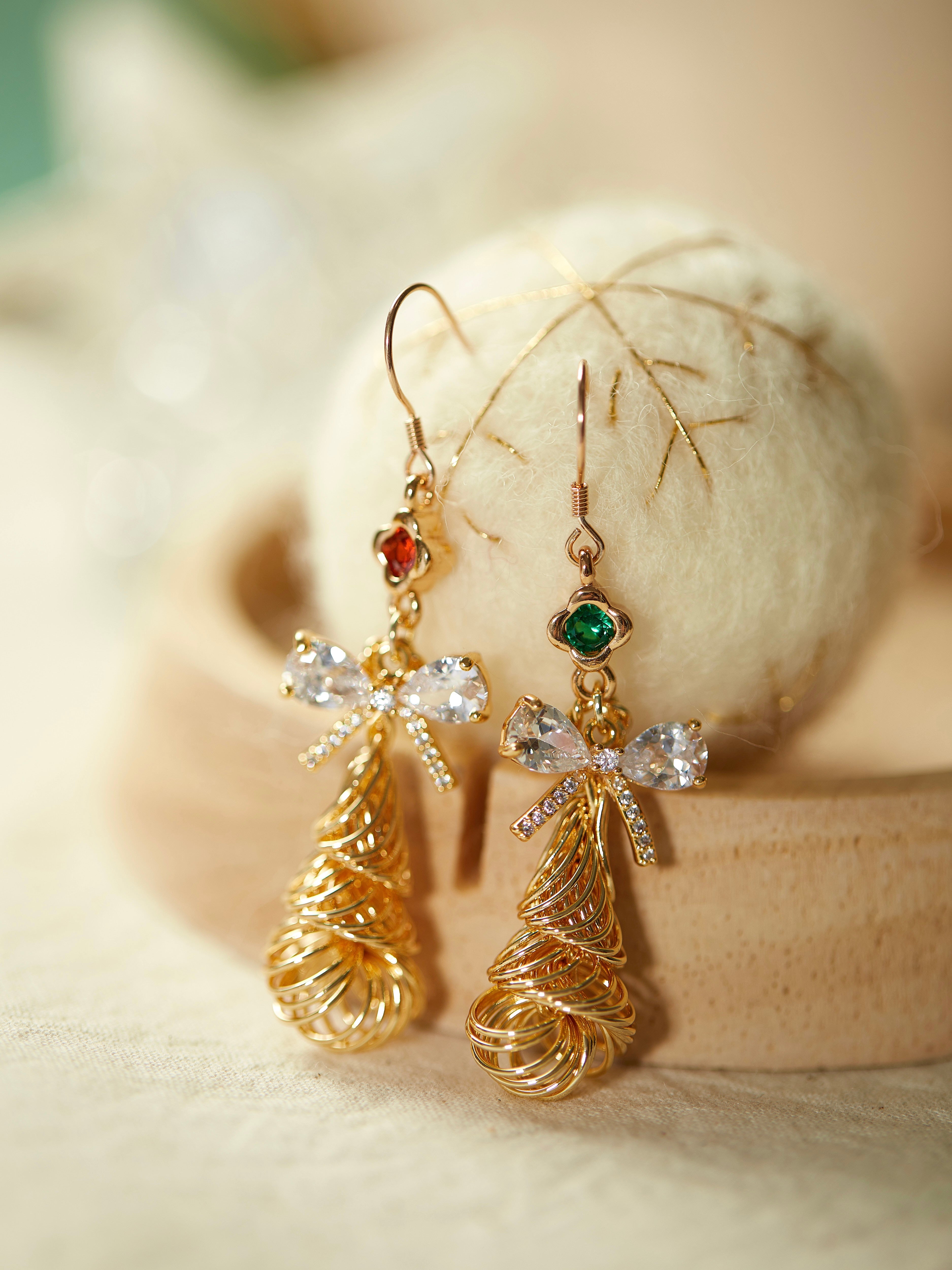 Cute Bow Christmas Tree Zircon Earrings Clip LJC30