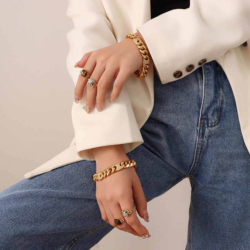 Zircon inlaid titanium steel gold plated thick chain solid bracelet