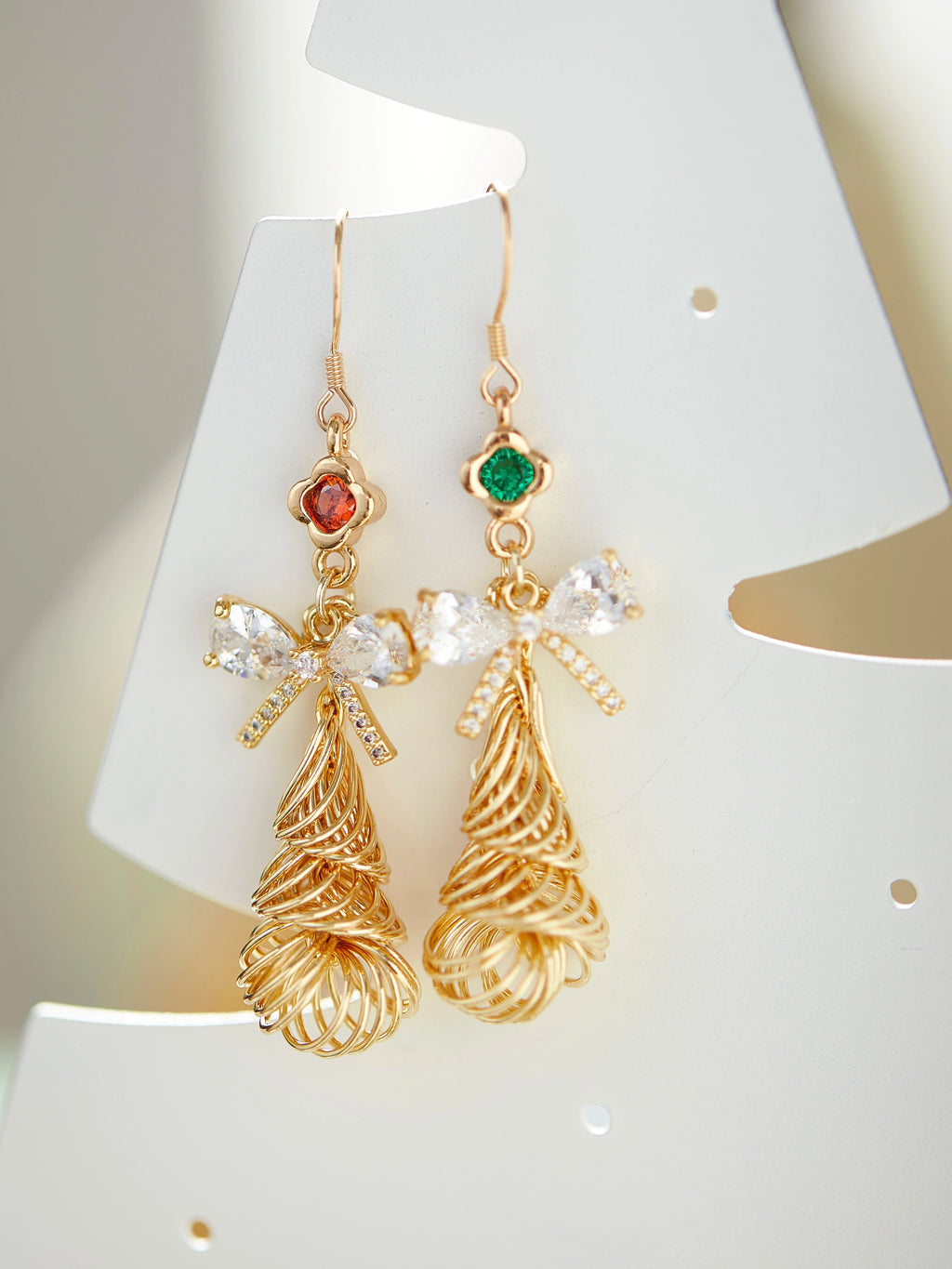 Cute Bow Christmas Tree Zircon Earrings Clip LJC30