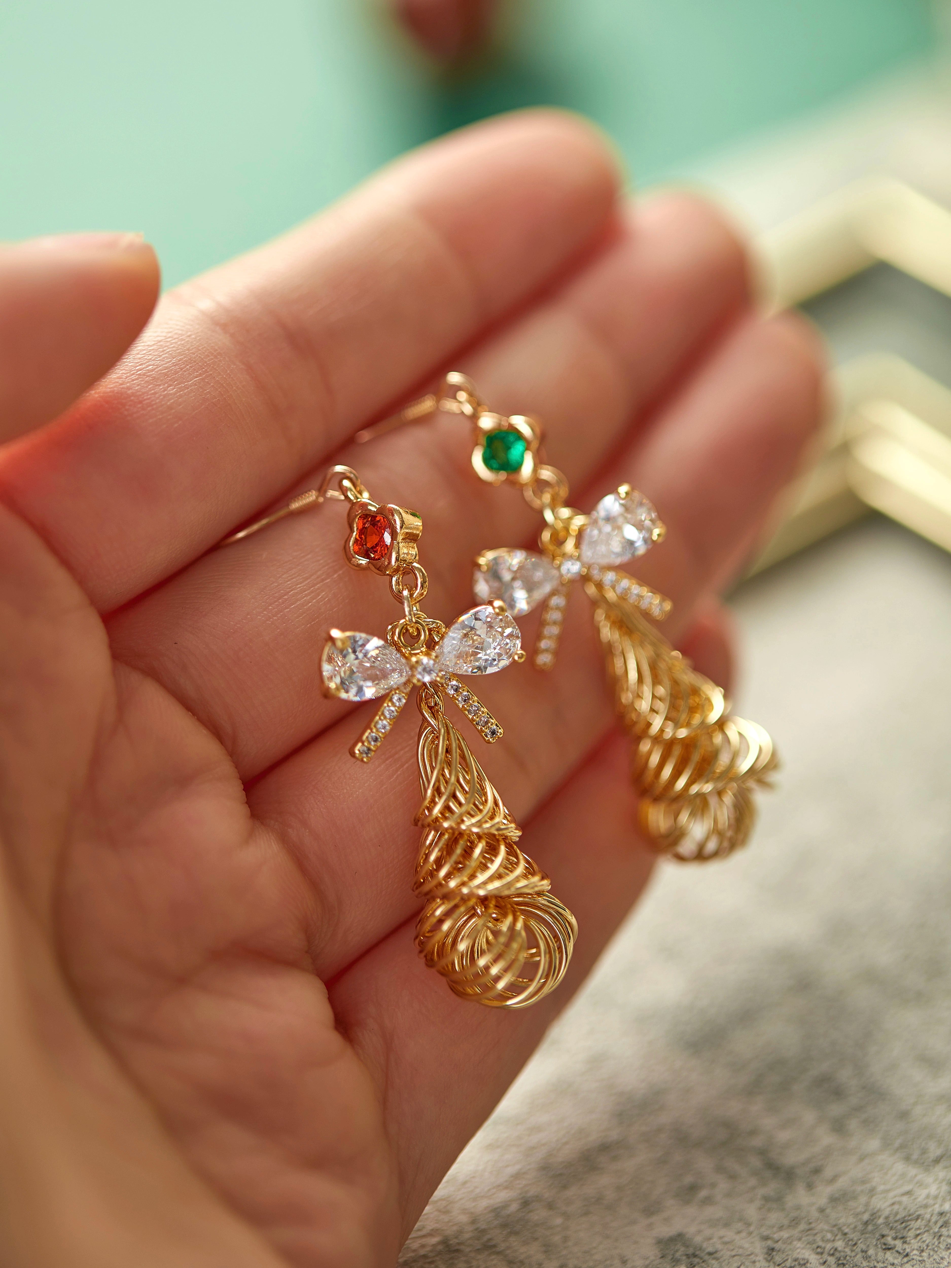 Cute Bow Christmas Tree Zircon Earrings Clip LJC30