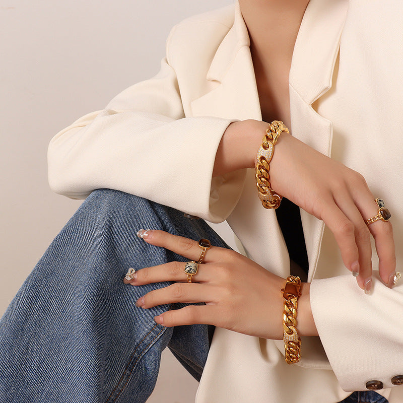 Zircon inlaid titanium steel gold plated thick chain solid bracelet
