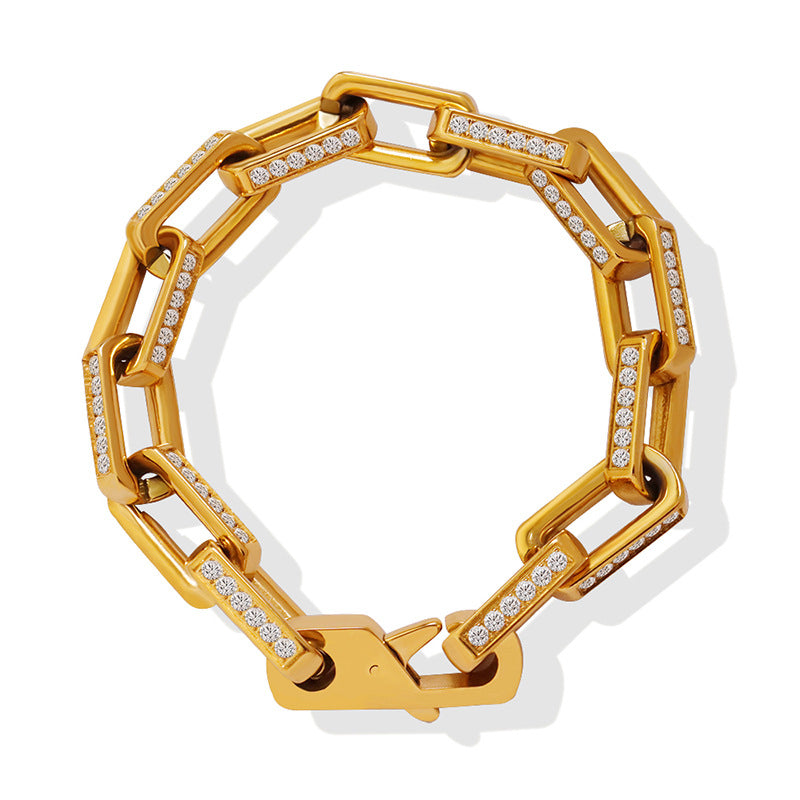Zircon inlaid titanium steel gold plated thick chain bracelet