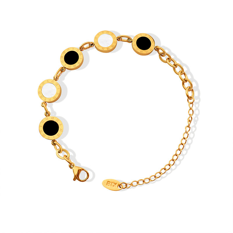 Roman numerals black and white sea shell double-sided inlaid 18K titanium steel bracelet