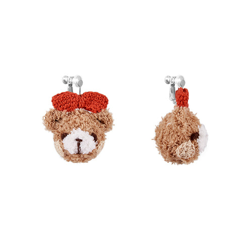 LB Hand Crochet "Teddy Bear" Earrings "Bow Bear" Ear Clip LOJL91