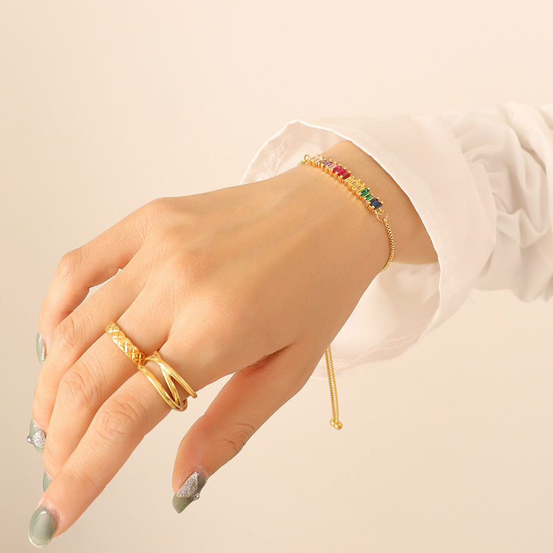 Colorful zircon inlaid titanium steel gold plated simple bracelet