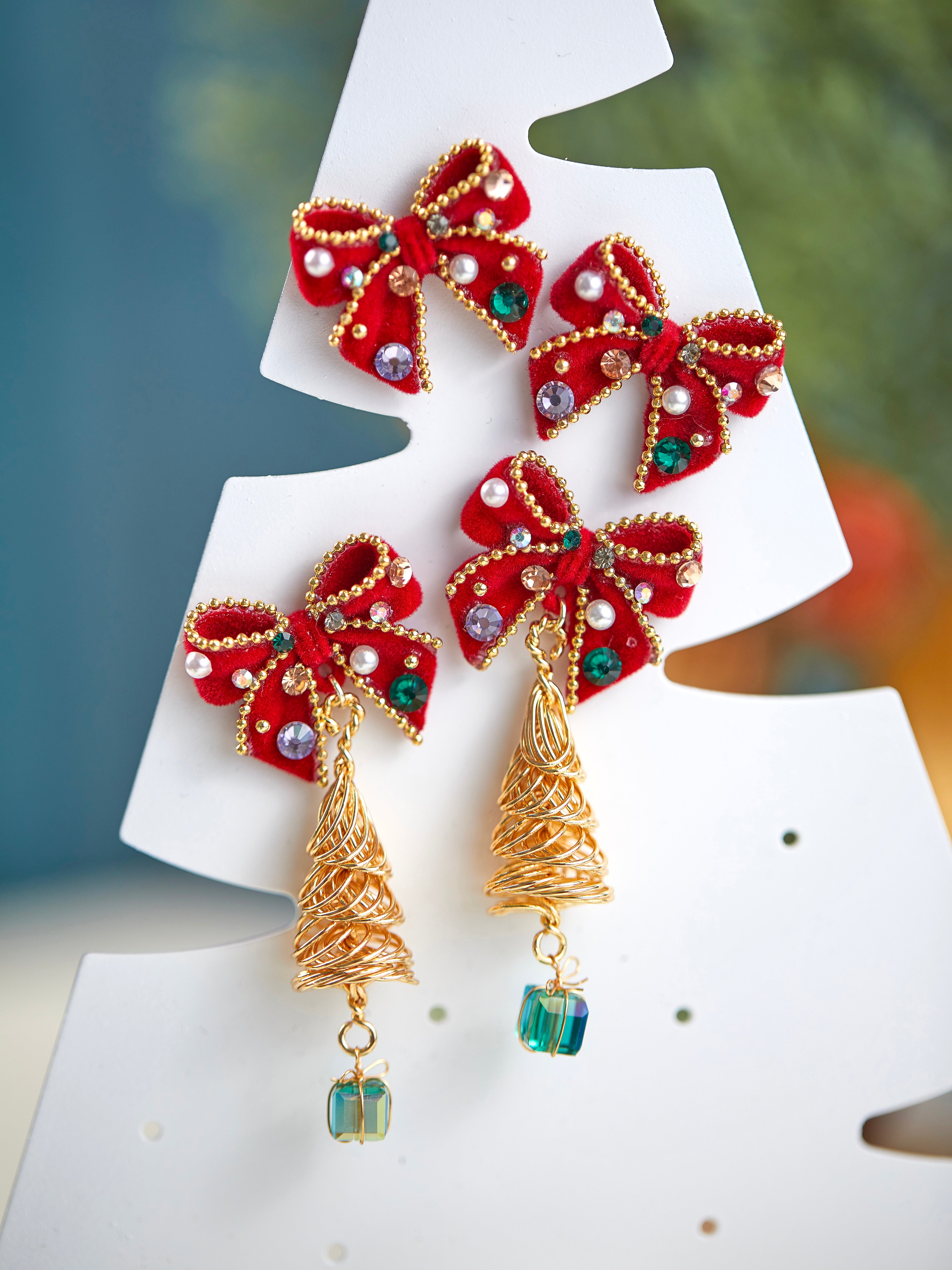 Christmas Red Flocked Bow Christmas Tree Earrings Earrings LJC31