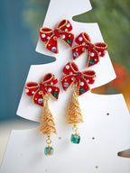 Christmas Red Flocked Bow Christmas Tree Earrings Earrings LJC31