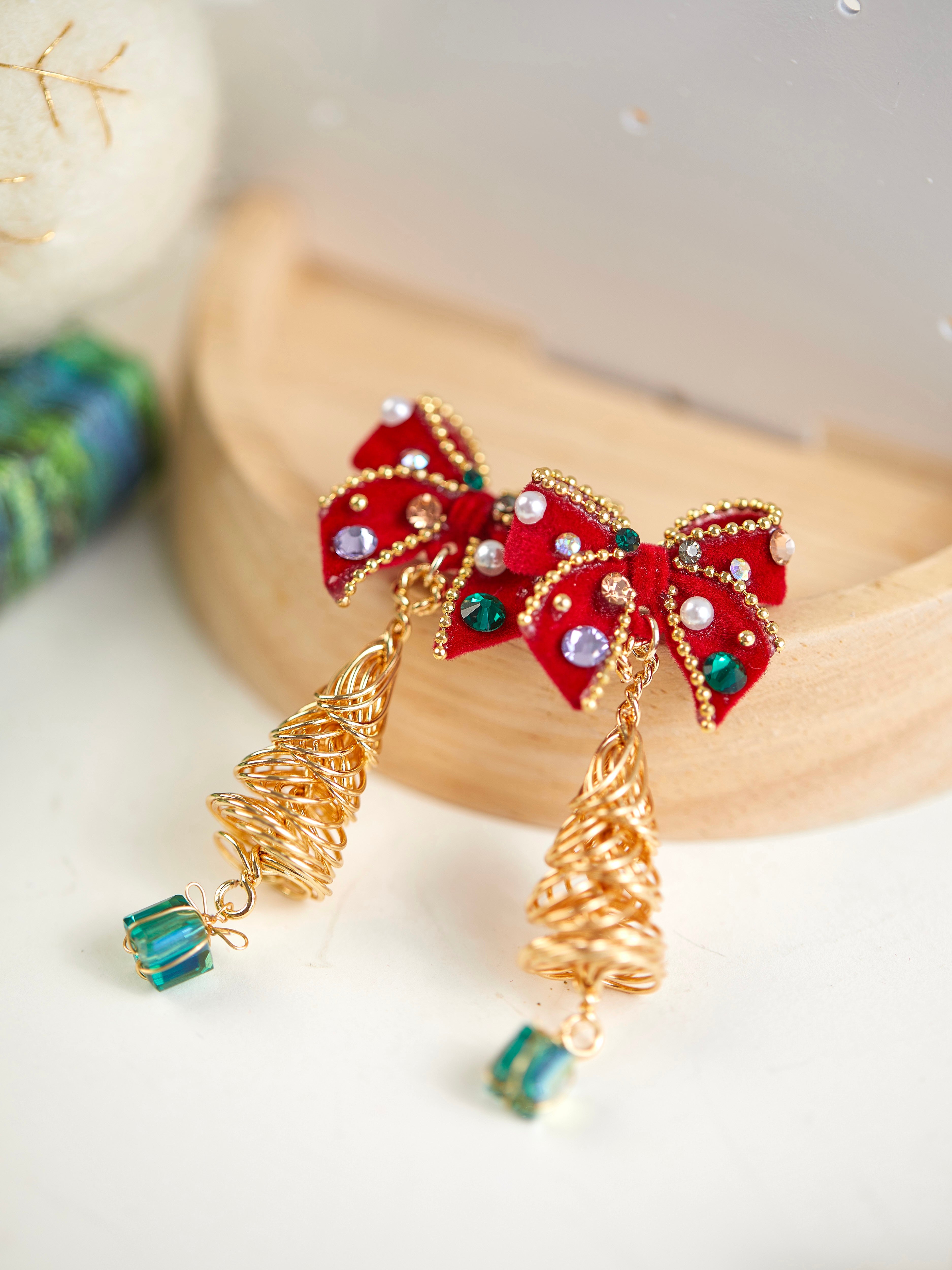Christmas Red Flocked Bow Christmas Tree Earrings Earrings LJC31