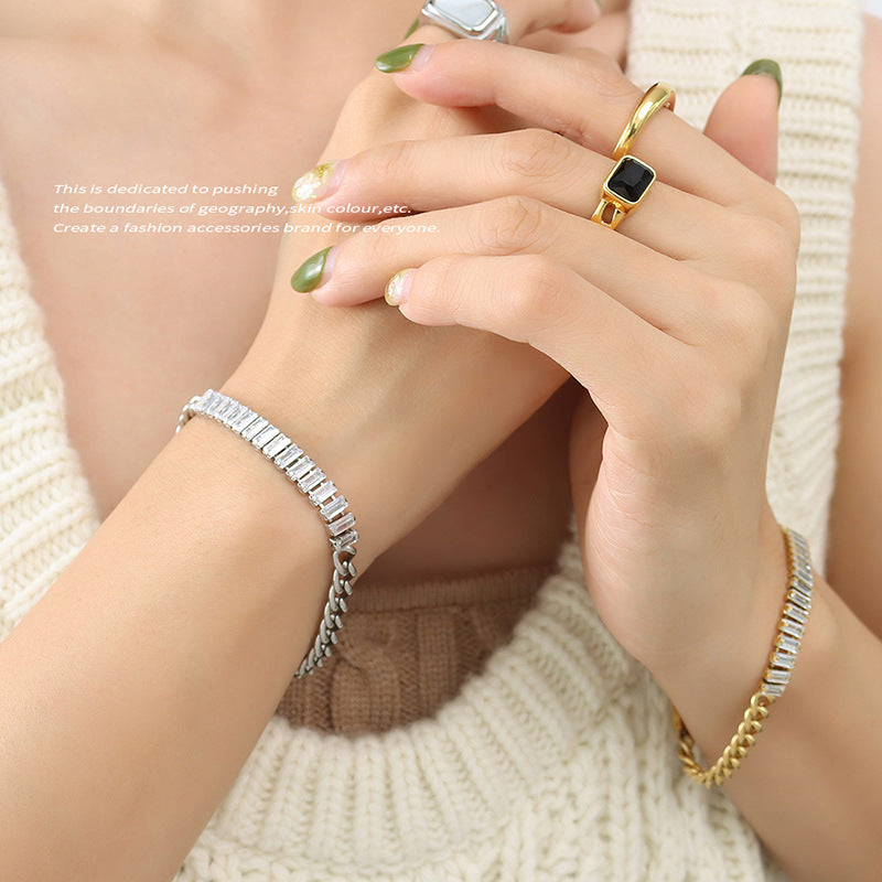 Square zircon set 18K titanium steel gold plated bracelet