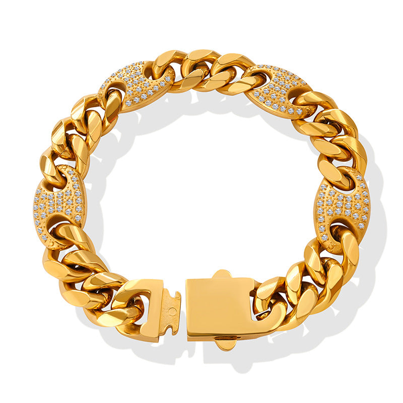 Zircon inlaid titanium steel gold plated thick chain solid bracelet