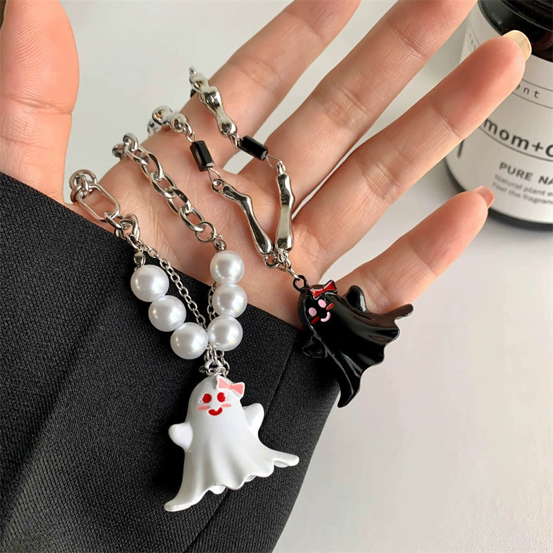 Halloween Black and White Ghost Necklace Titanium Steel  LJH44