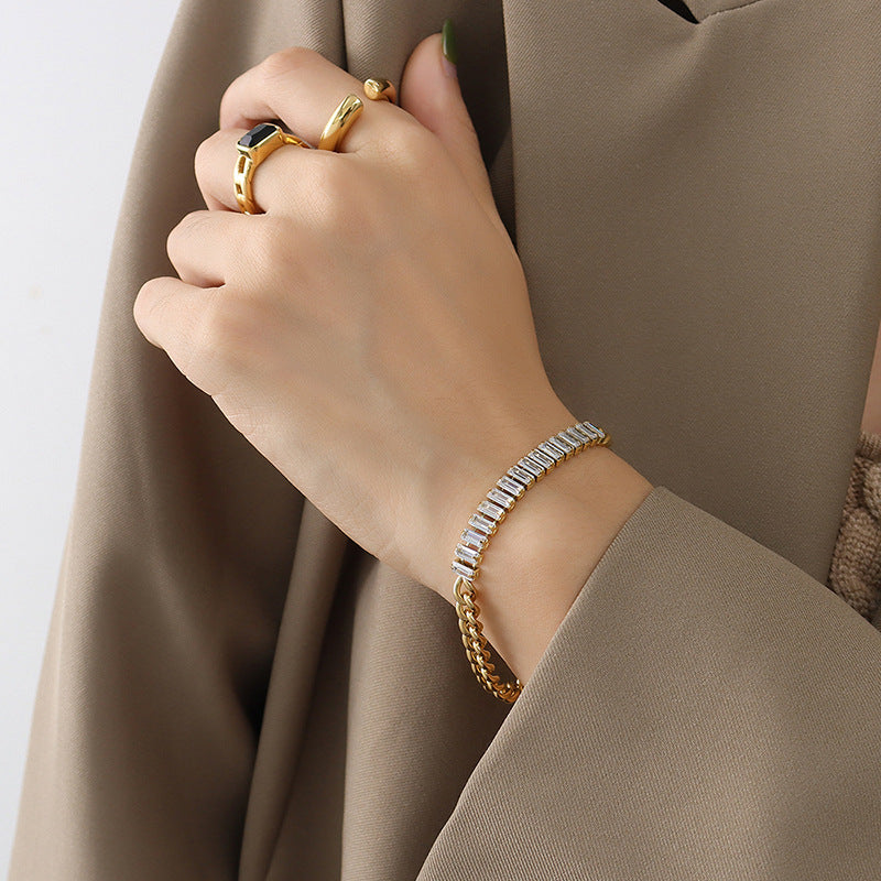 Square zircon set 18K titanium steel gold plated bracelet