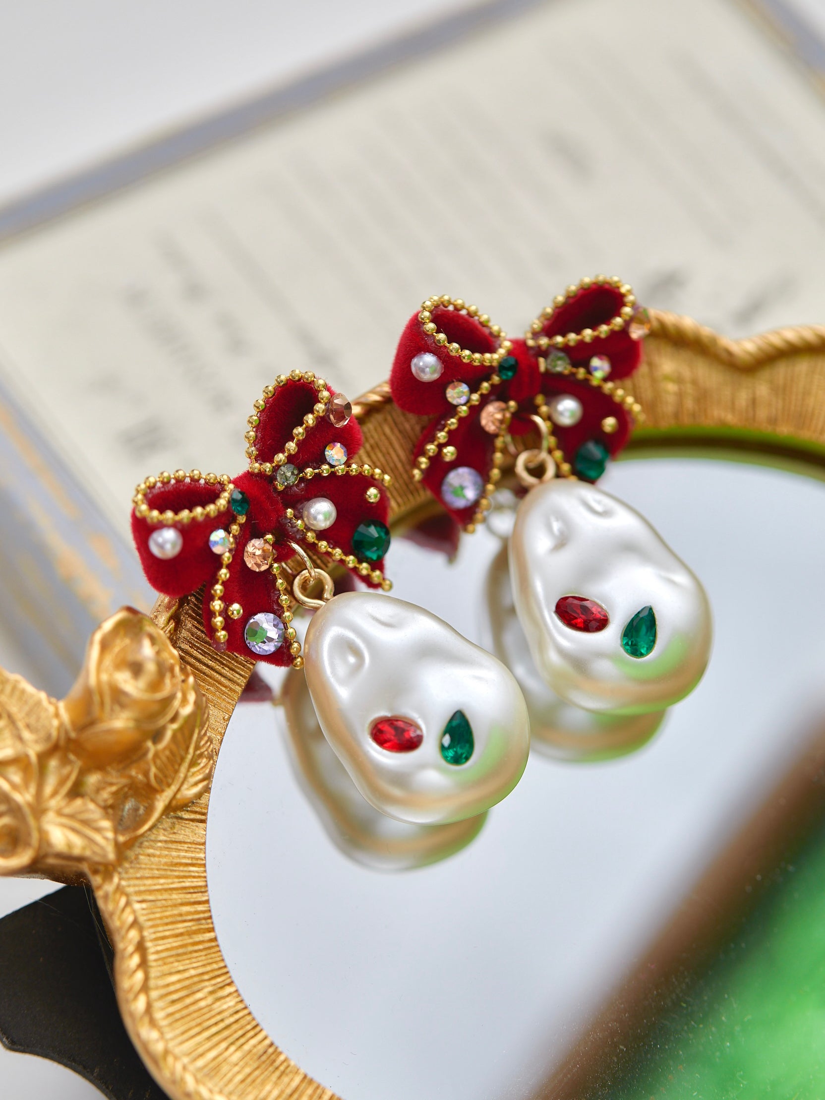 Red Velvet Bow Christmas Tree Pearl Earrings LJC26