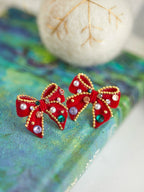 Christmas Red Flocked Bow Christmas Tree Earrings Earrings LJC31