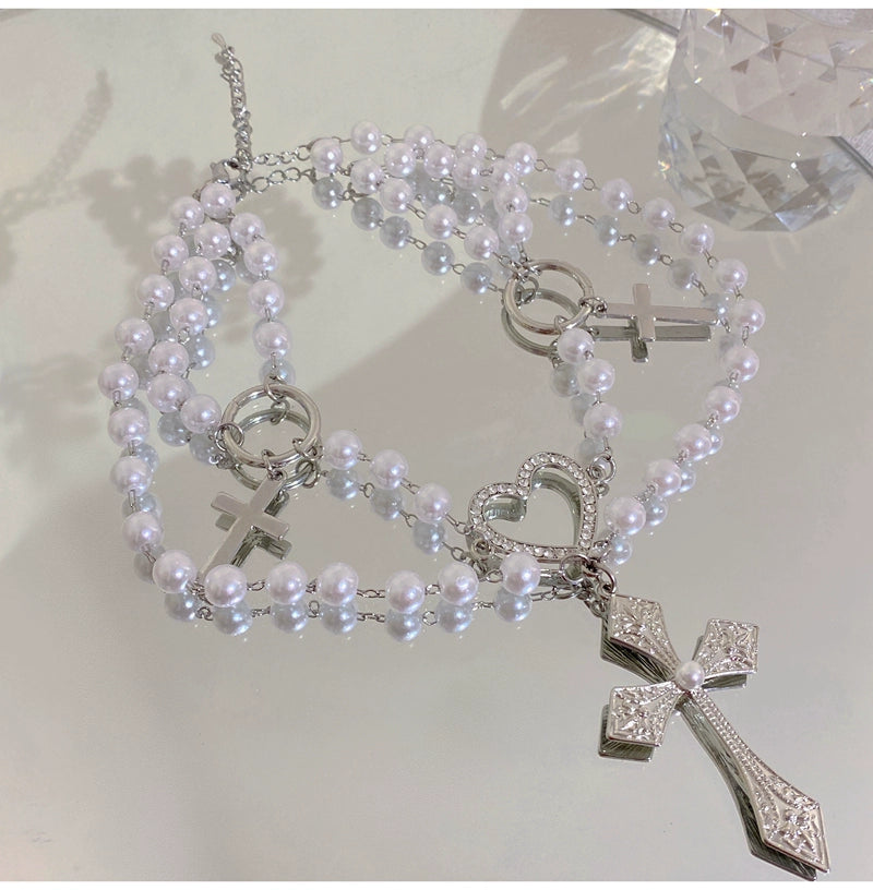 Pearl Studded Diamond Cross Necklace Jewelry Collarbone Chain LJ48