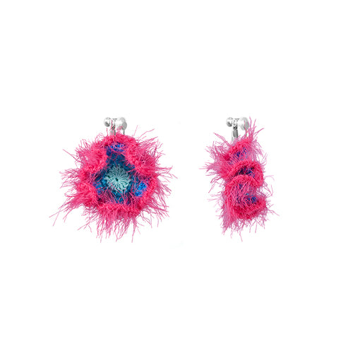 LB Hand Crochet "Dazzling" Earrings "Colorful Plush" Large Ear Clip LOJL94