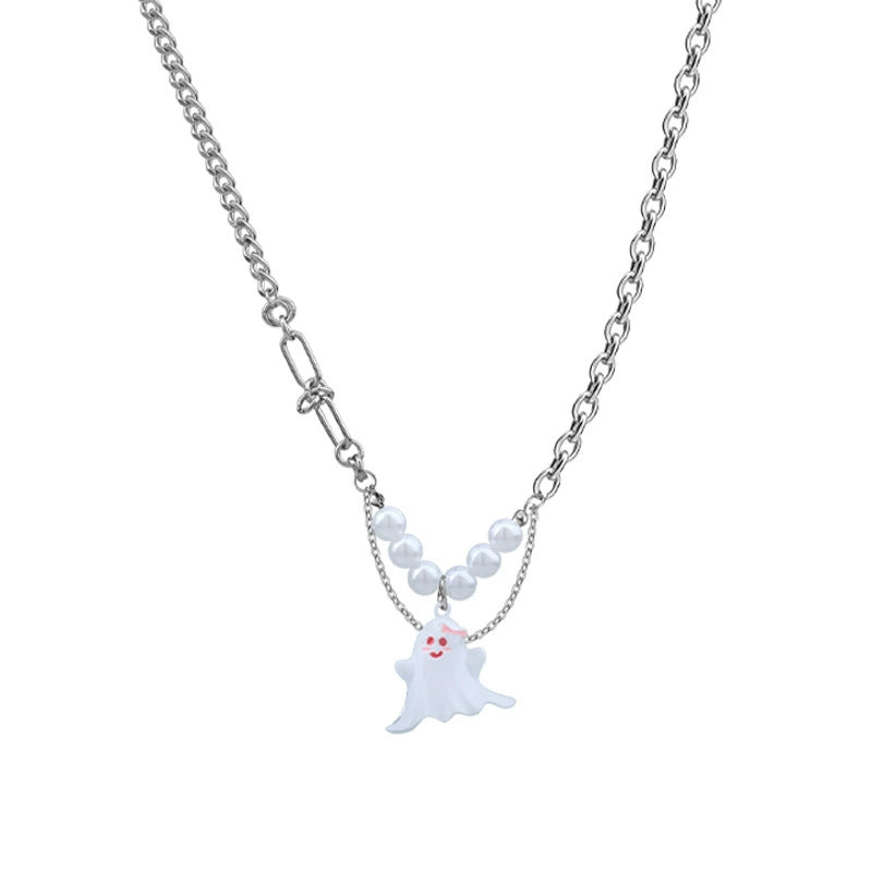 Halloween Black and White Ghost Necklace Titanium Steel  LJH44