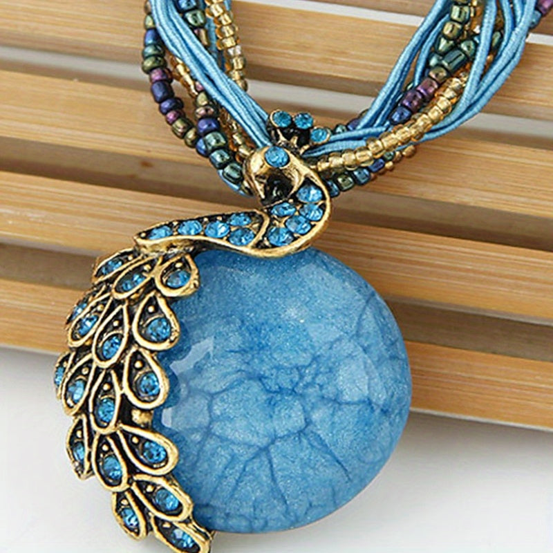 Bohemian Ethnic Style Retro Leaf Peacock Gemstone Pendant Necklace For Women Girls