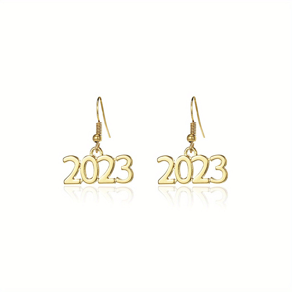 Golden / Silvery Number 2023 Design Hook Dangle Earrings Elegant Punk Style Alloy Jewelry Delicate Female Gift