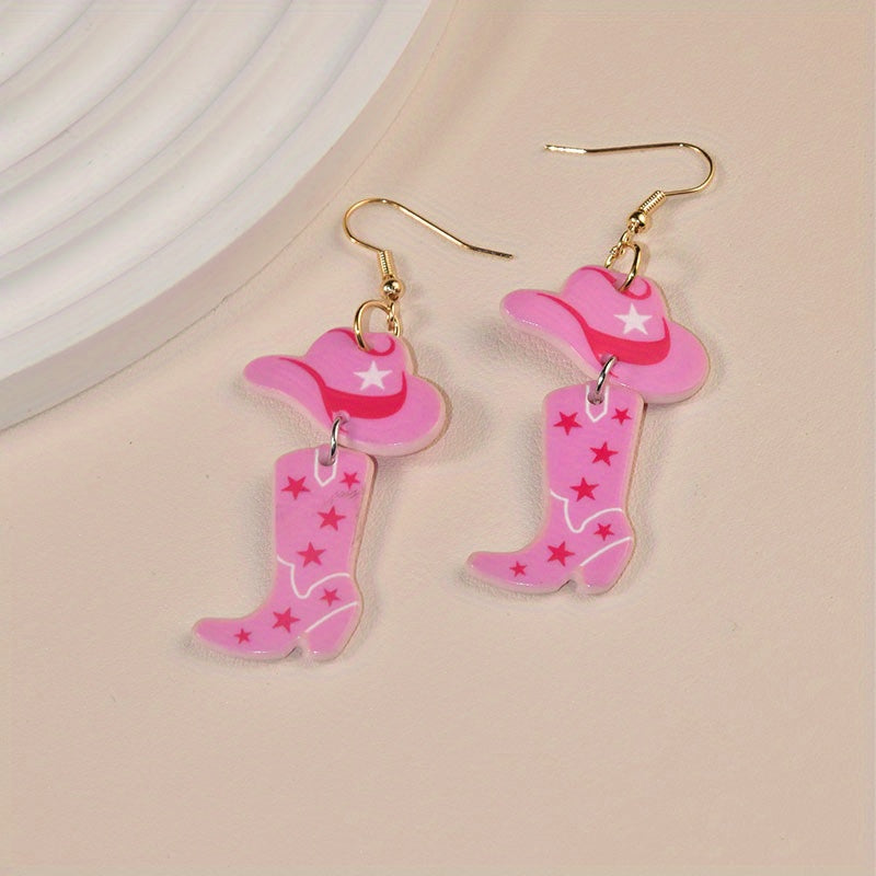 1 Pair Western Cowboy Style Acrylic Earrings Pink Hat Boots Balloon Mushroom Butt Hook Earrings For Barbie Pink Y2K Jewelry Accessories