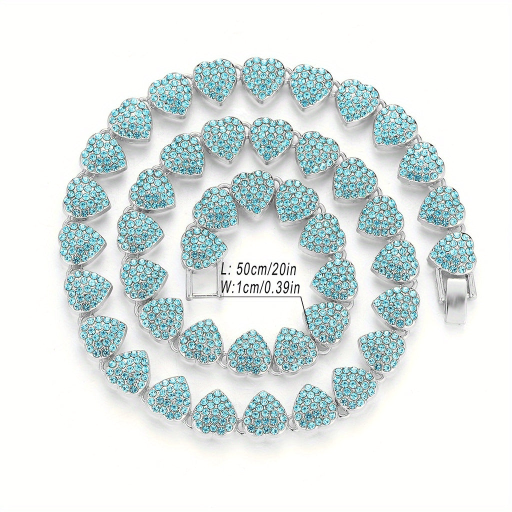 1pc Iced Out Blue Pink Heart Necklace Men Girls Women Hip Hop Alloy Rhinestone Golden Silvery Chain Mother's Day Jewelry Gift