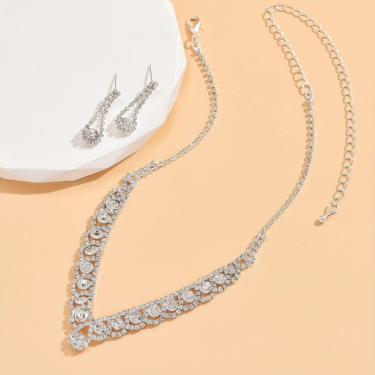 Elegant Rhinestone V-Shaped Necklace and Earrings Set - Perfect for Parties and Special Occasions