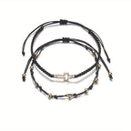 Vintage Braided Alloy Cross Beaded Waterproof Wax Rope Bracelet For Women