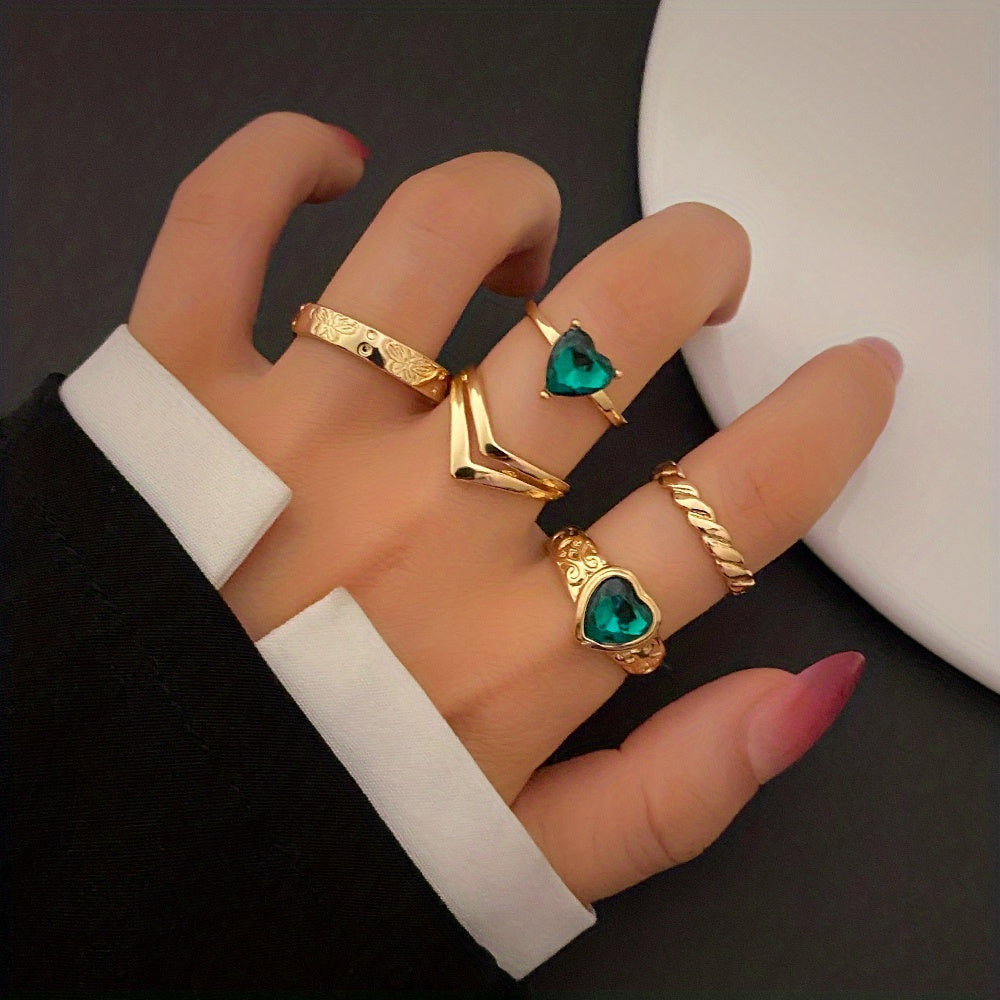 6 Pcs Oval Green Gemstone Geometric Metal Ring Kit,Gift For Women Girls