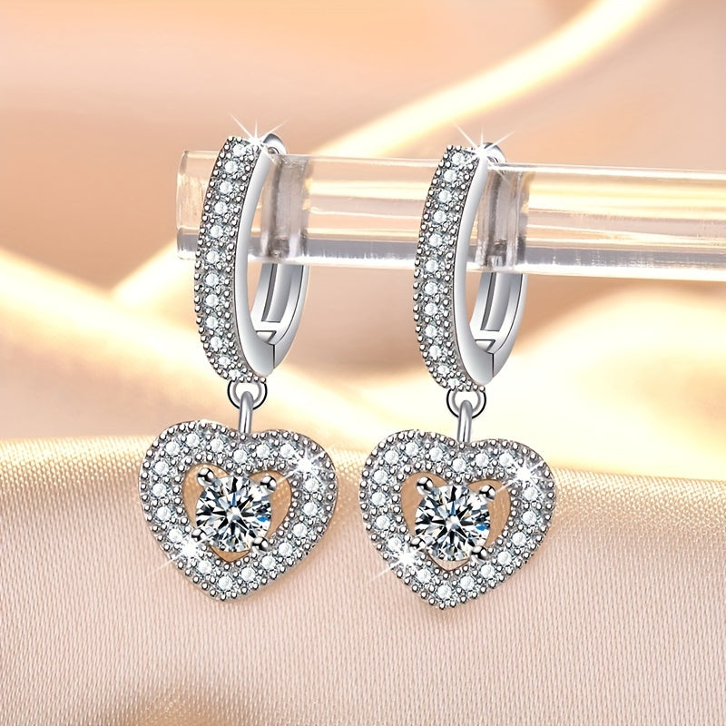 Silvery Hollow Heart Design With Shiny Zircon Decor Dangle Earrings Elegant Cute Style Copper Jewelry Delicate Gift For Lovers