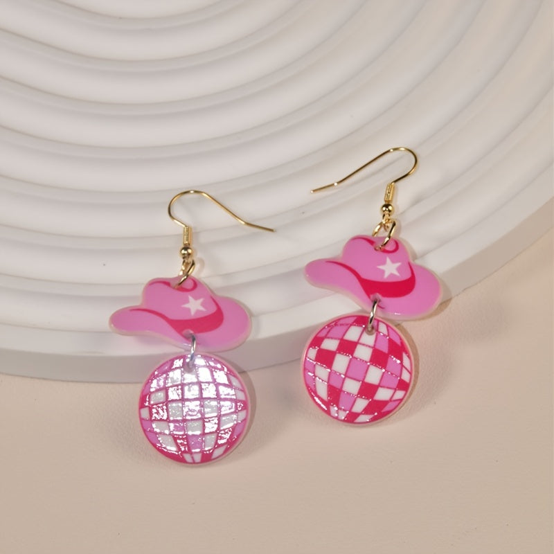 1 Pair Western Cowboy Style Acrylic Earrings Pink Hat Boots Balloon Mushroom Butt Hook Earrings For Barbie Pink Y2K Jewelry Accessories