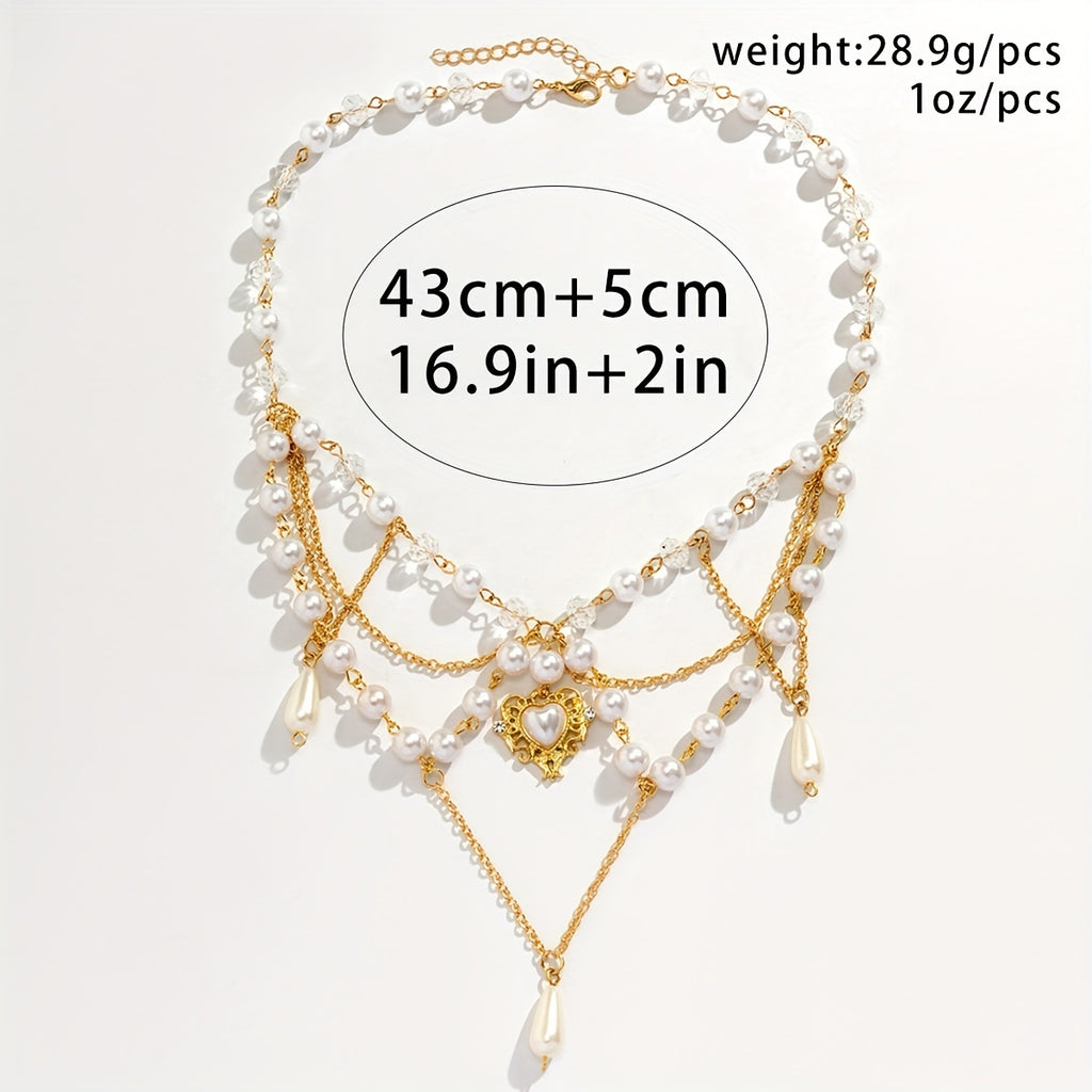 Baroque Vintage Multilayer Tassel Crystal Hollow Love Heart Pendant With Teardrop Shape Faux Pearl Necklace, Women's Holiday Accessories