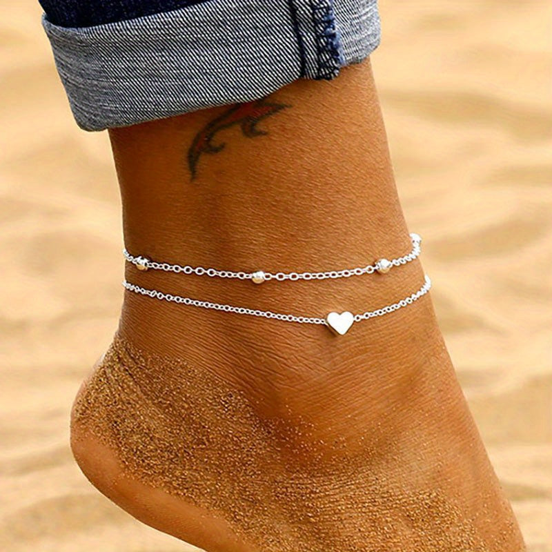 Bohemian Layered Delicate Anklet With Love Heart Shape Beads Simple Ankle Bracelet