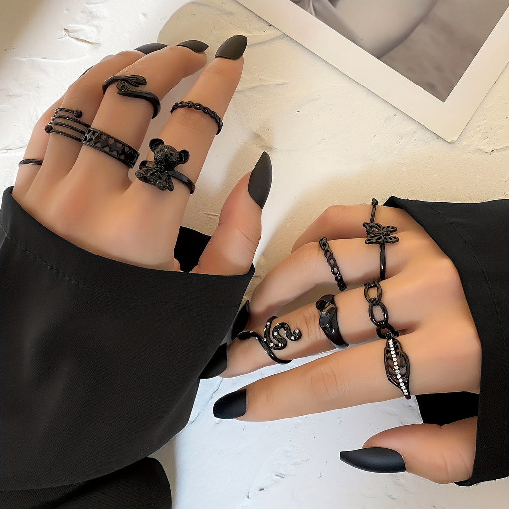 13pcs/set Y2k Ring Set Trendy Patterns Snake Butterfly Chain Teddy Bear Inlaid Zircon Mix And March For Daily And Party Outfits Gift For Cool Girls