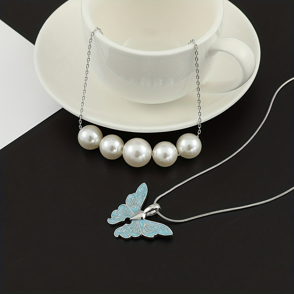 Faux Pearl & Butterfly Charm Layered Necklace For Girls Decorative Accessories Holiday Birthday Graduation Anniversary Party Gift For Girls