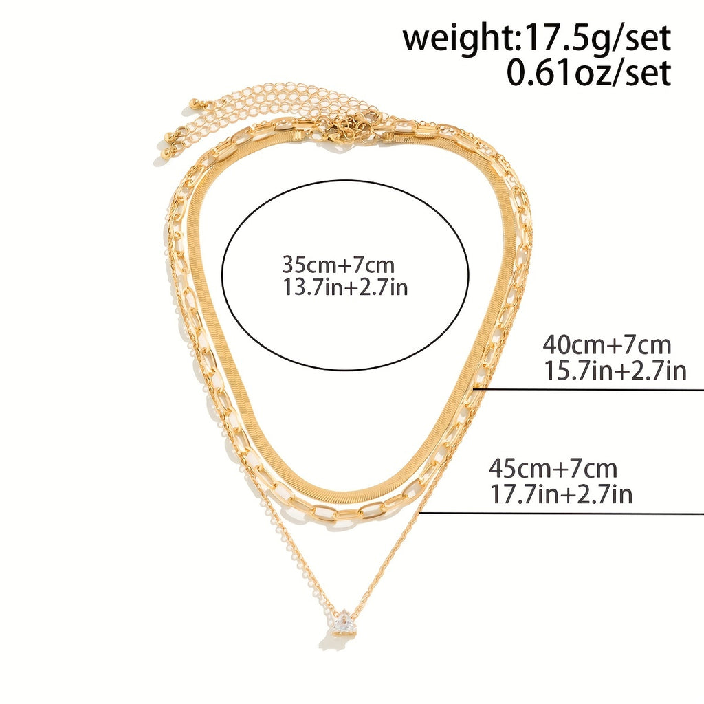 3pcs/Set Vintage Inlaid Zircon Love Triangle Pendant Flat Snake Copper Chain Multi-piece Necklace